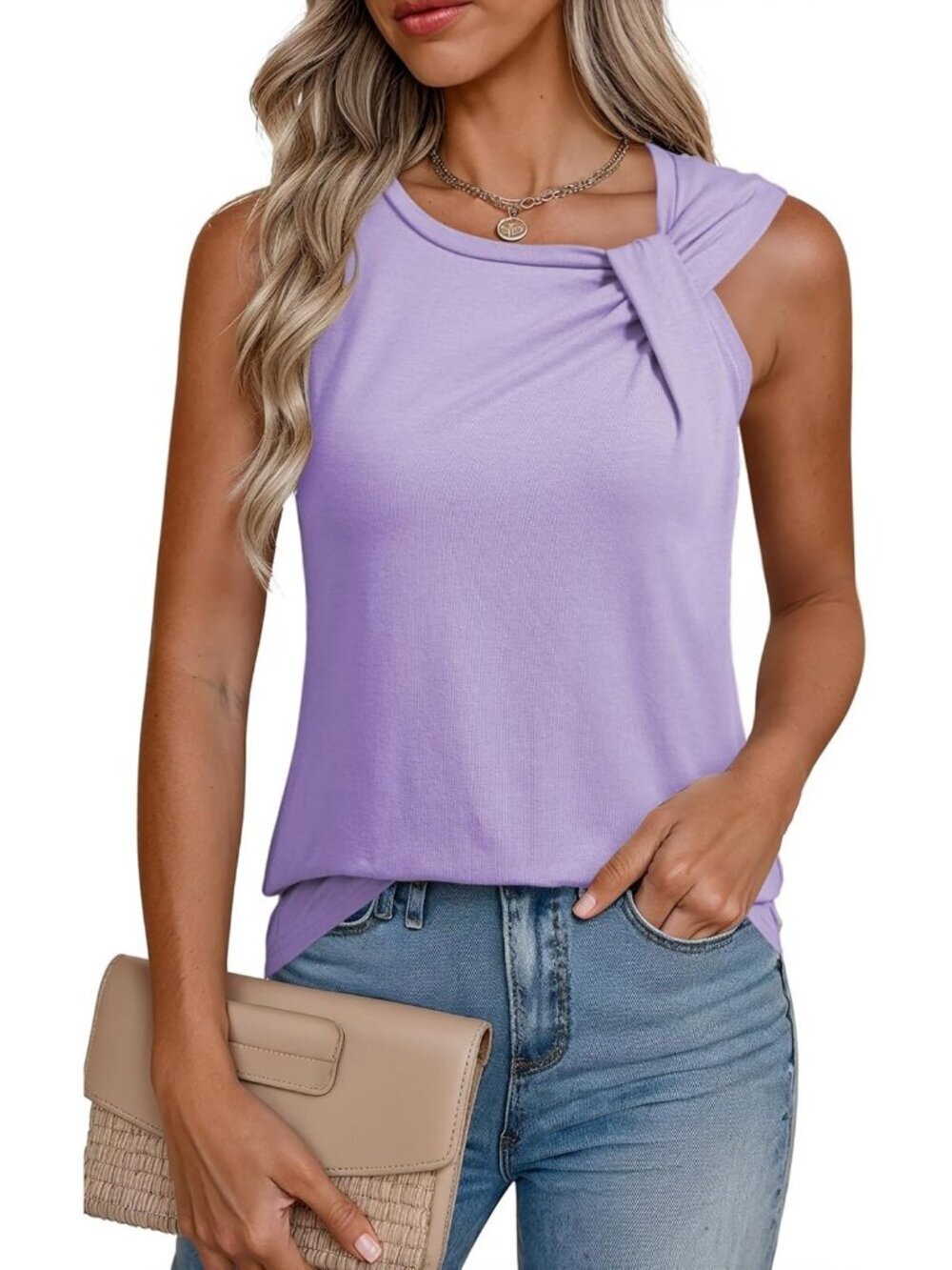Women's Tank Tops Summer Sleeveless Purple Twist Knot Top Blouse Tees Shirts